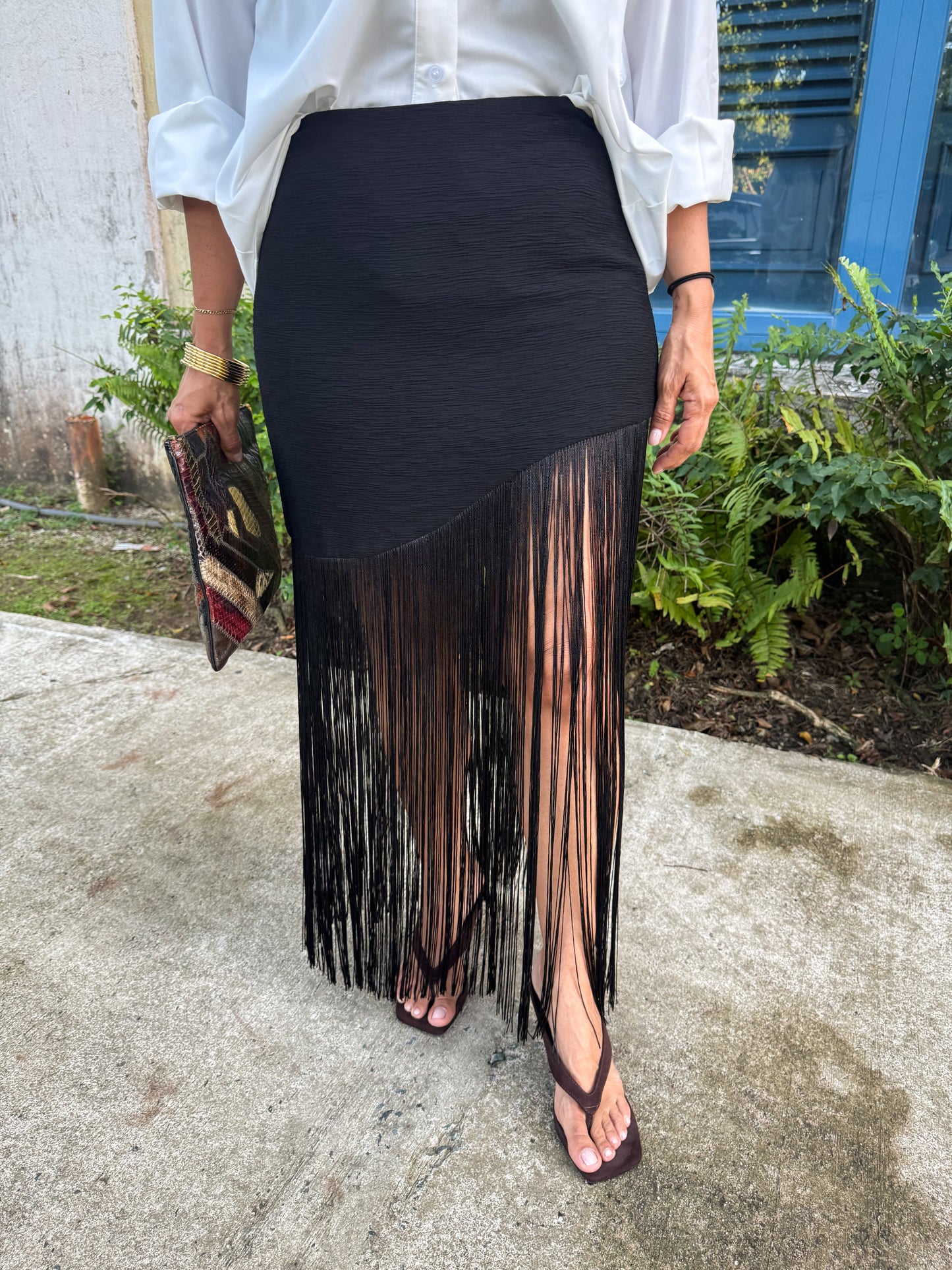 Asymmetric Fringe Maxi Skirt