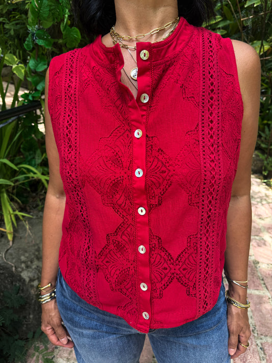 Red Lace Button Down Top