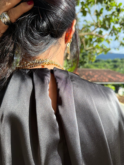 Black Satin Shoulder Padded Top