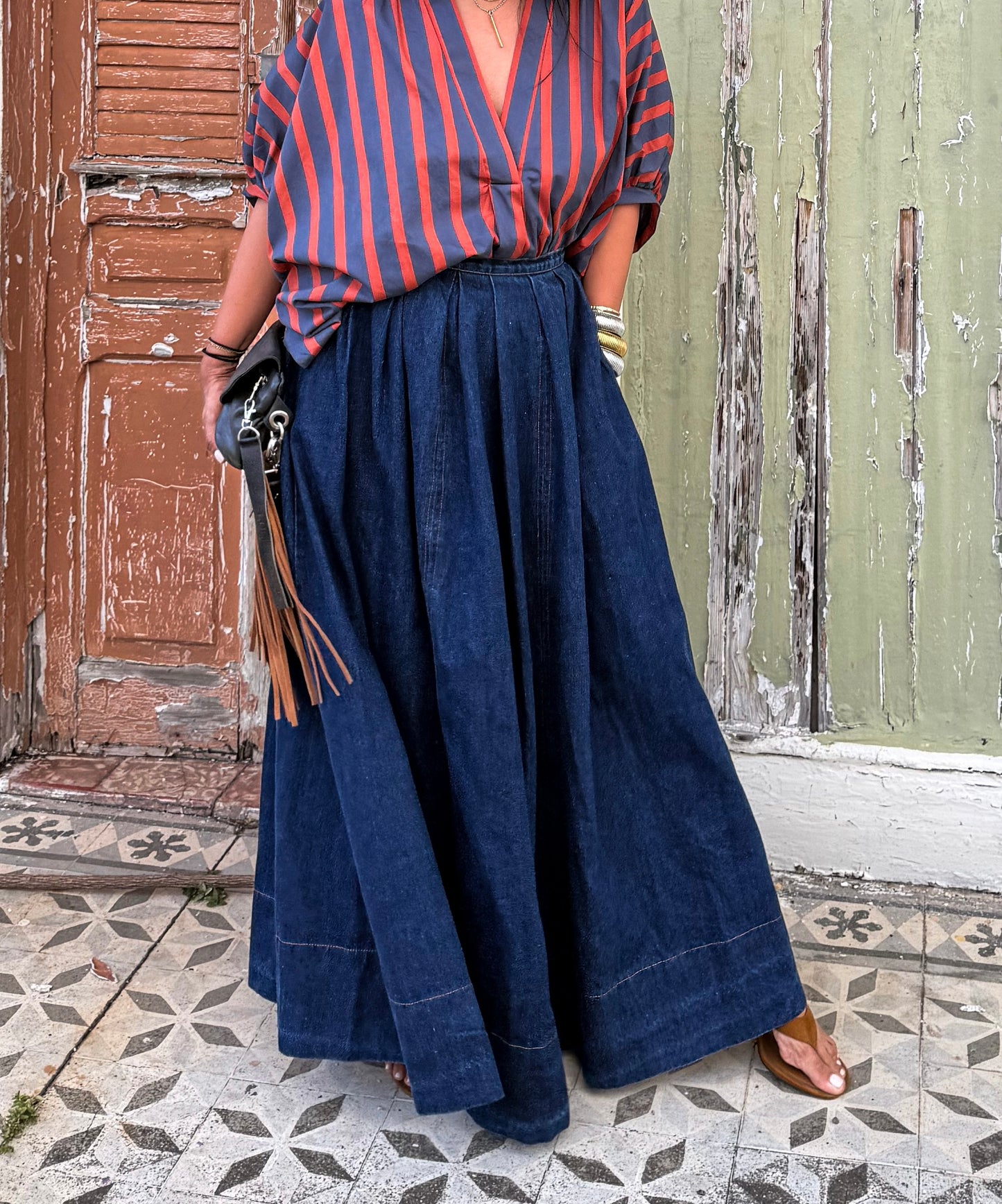 Denim Flared A-Line Midi Skirt
