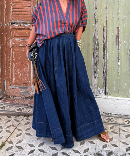 Denim Flared A-Line Midi Skirt
