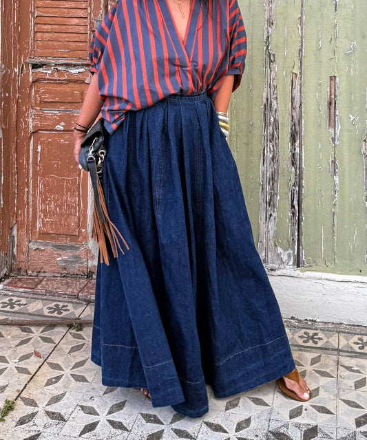 Denim Flared A-Line Midi Skirt