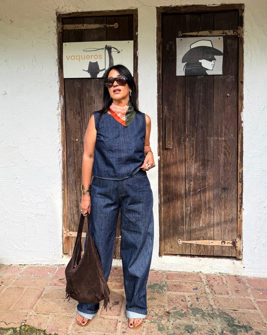 Denim Open Back Top and Pants Set