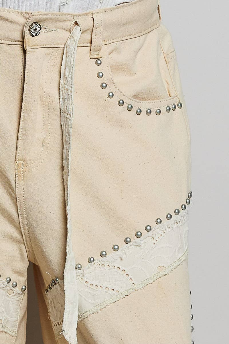 Metal Studs and Patchwork Details Pants