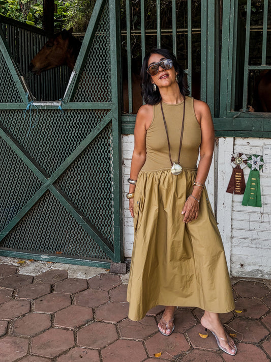 Khaki Contrast Midi Dress