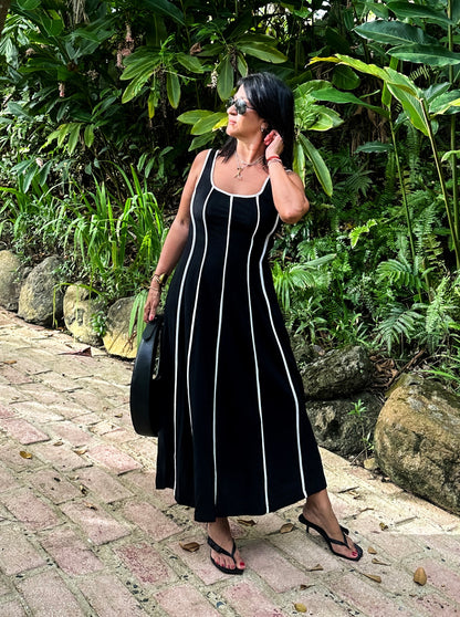 Black & White Linen Blend Midi Dress