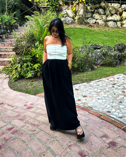 Black and White Strapless Maxi Dress