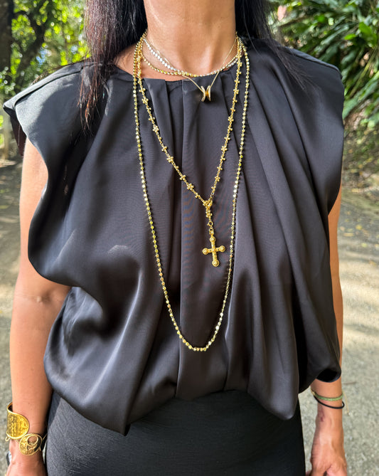 Black Satin Shoulder Padded Top