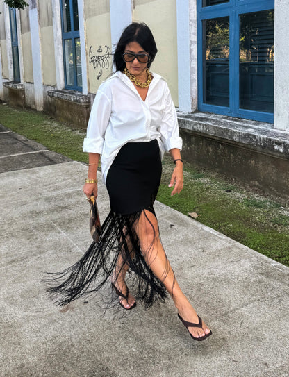 Asymmetric Fringe Maxi Skirt