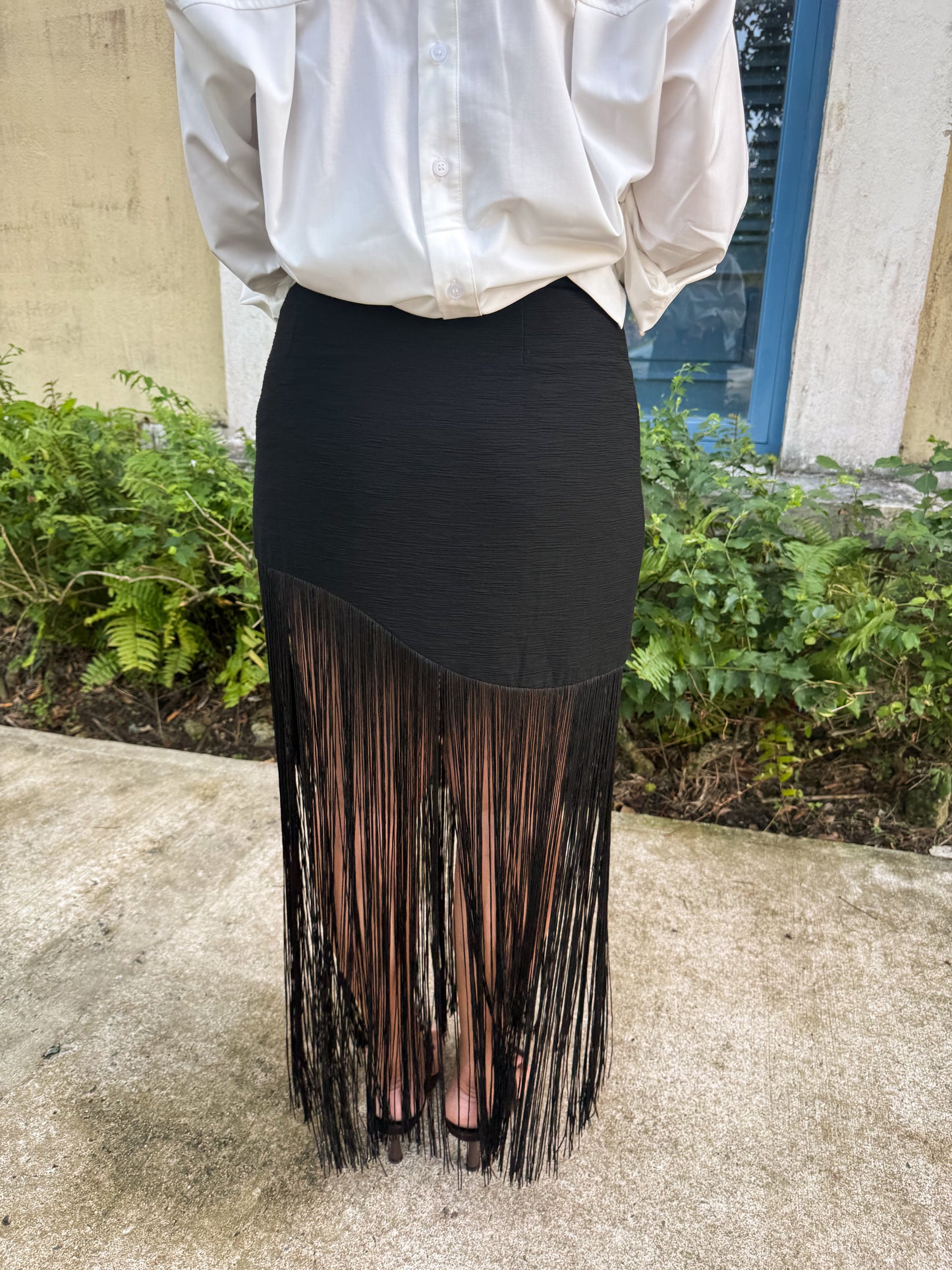 Asymmetric Fringe Maxi Skirt
