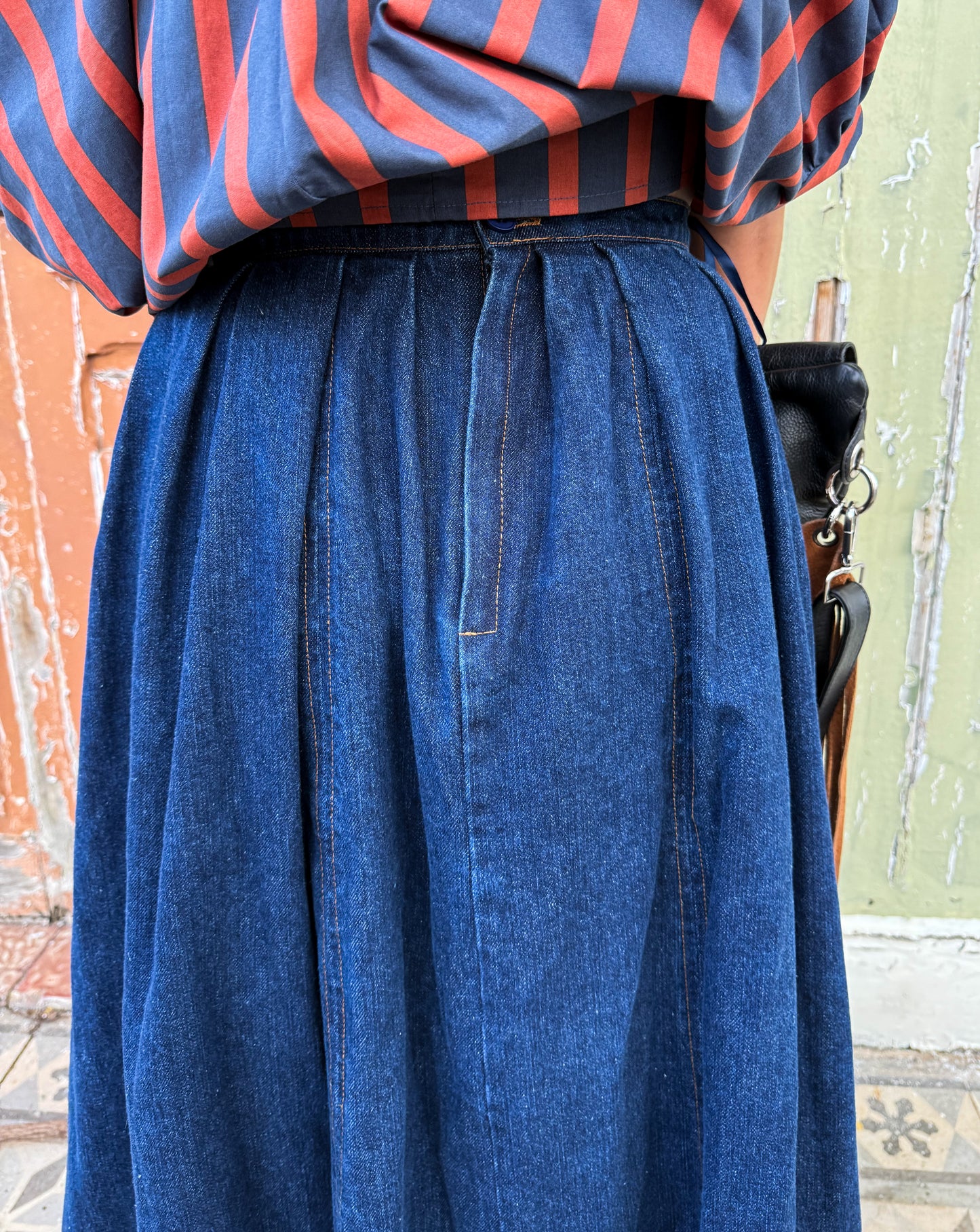 Denim Flared A-Line Midi Skirt