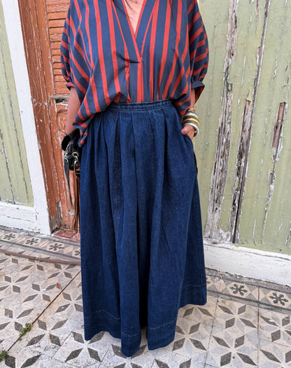 Denim Flared A-Line Midi Skirt