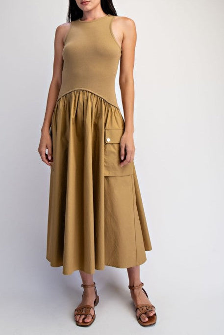 Khaki Contrast Midi Dress