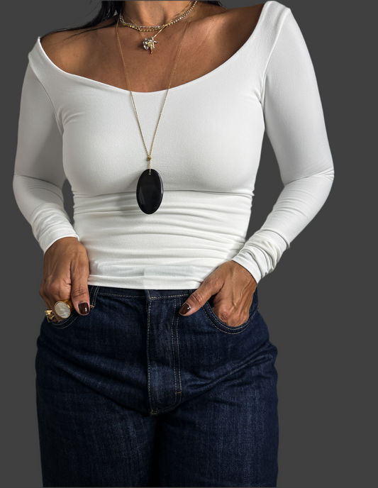 White V Neck Double Layer Long Sleeve Top