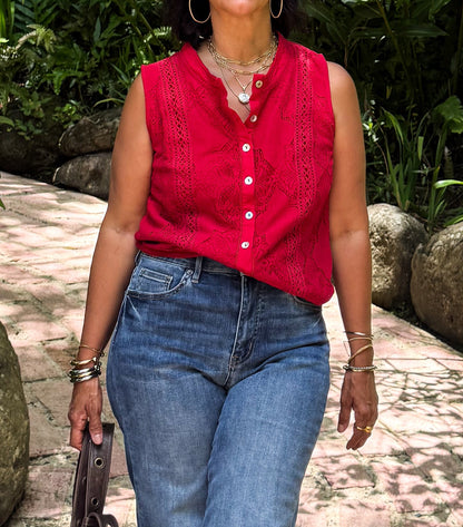 Red Lace Button Down Top