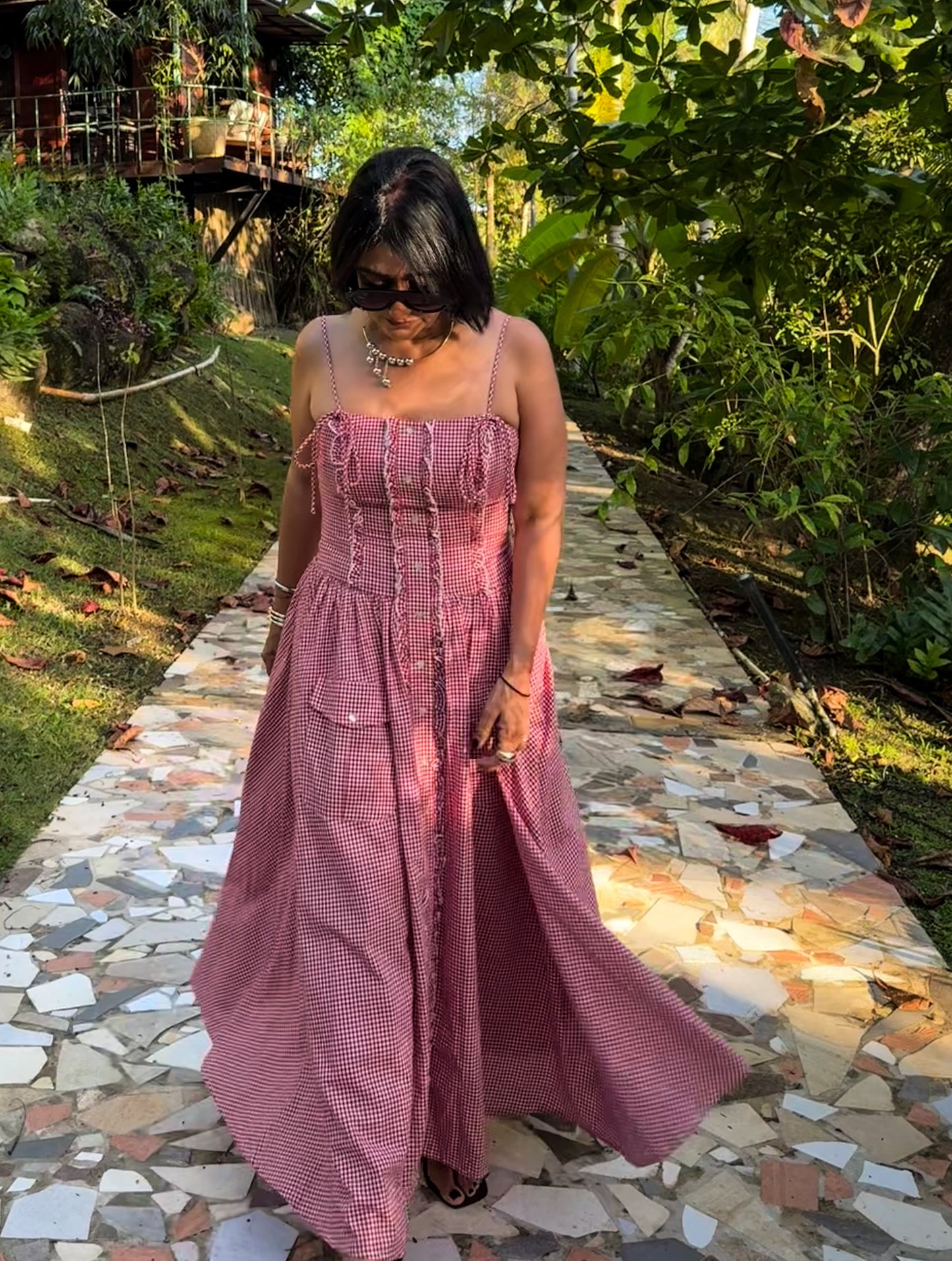 Gingham Plaid Ruffle Midi Dress