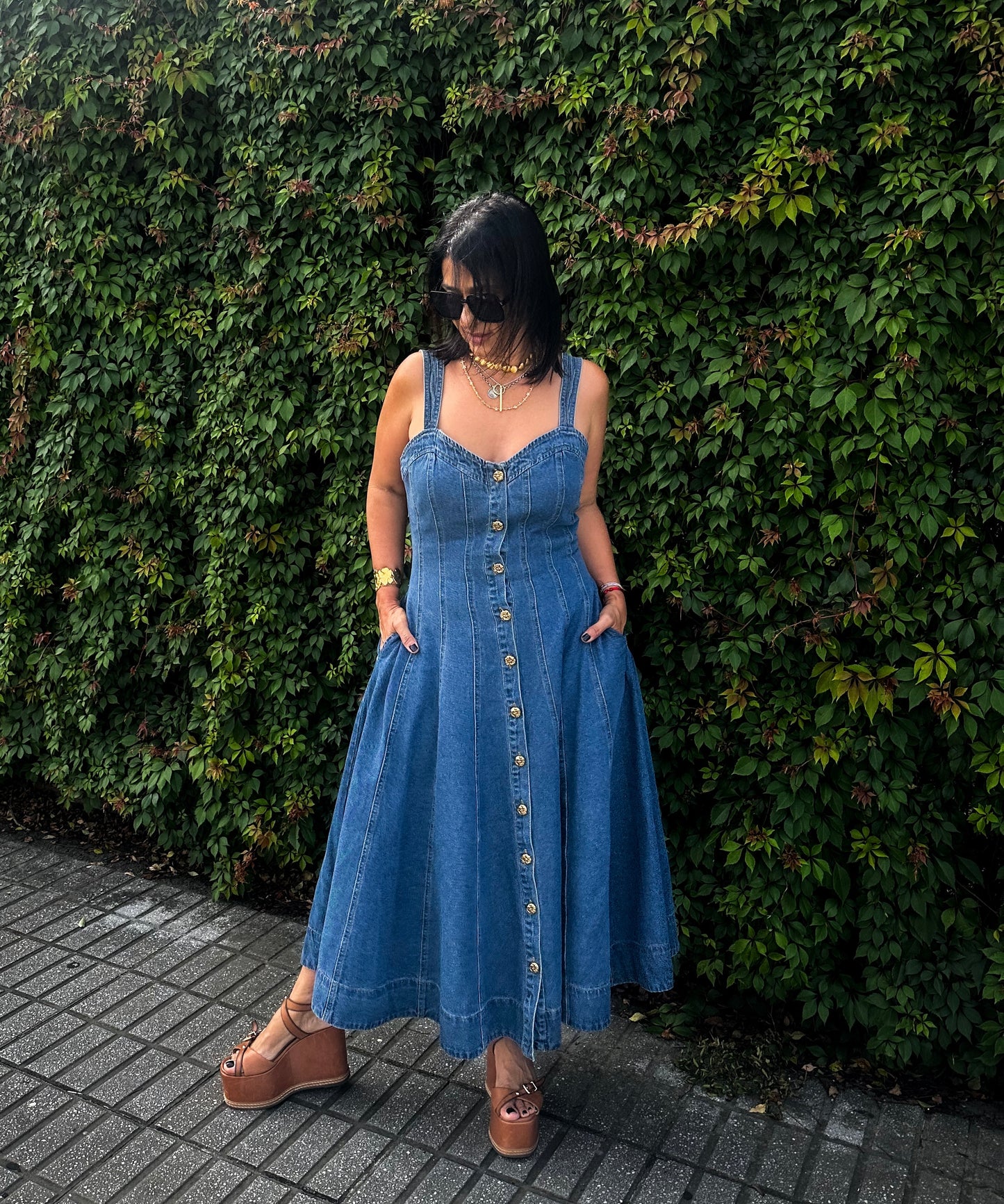 A Line Skirt Denim Midi Dress