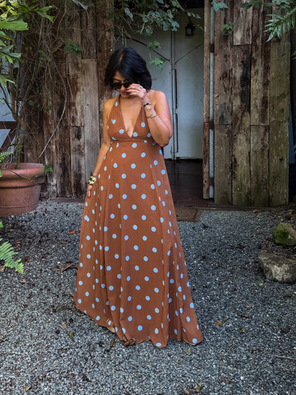 Brown/Blue Polka Dots Maxi Dress