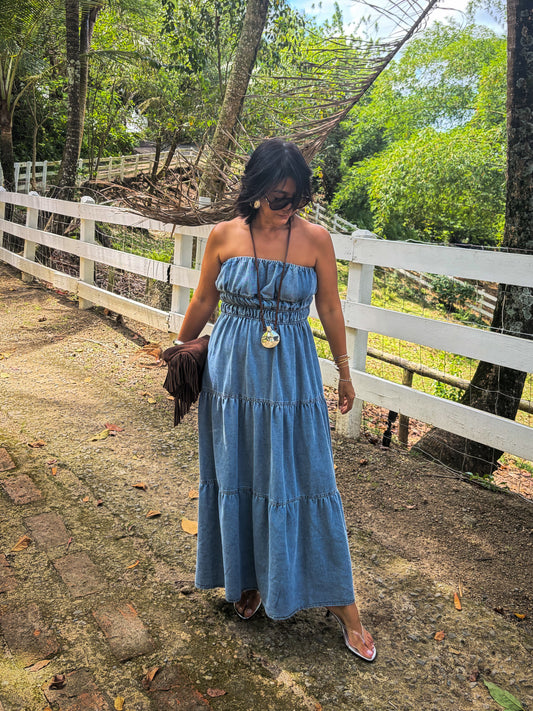 Strapless Tiered Denim Midi Dresd