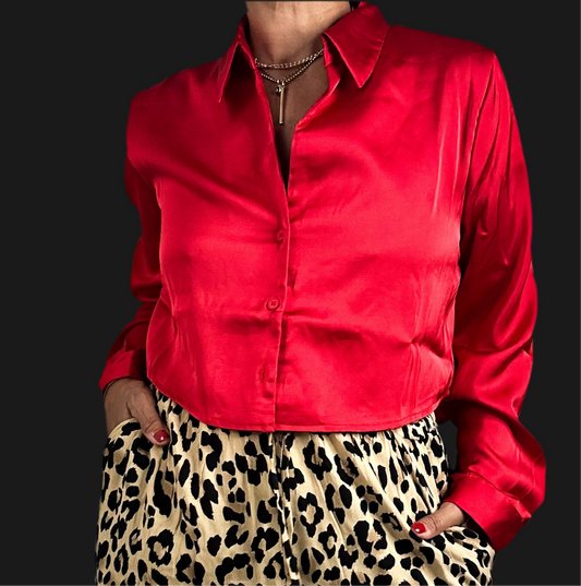 Cropped Red Satin Blouse