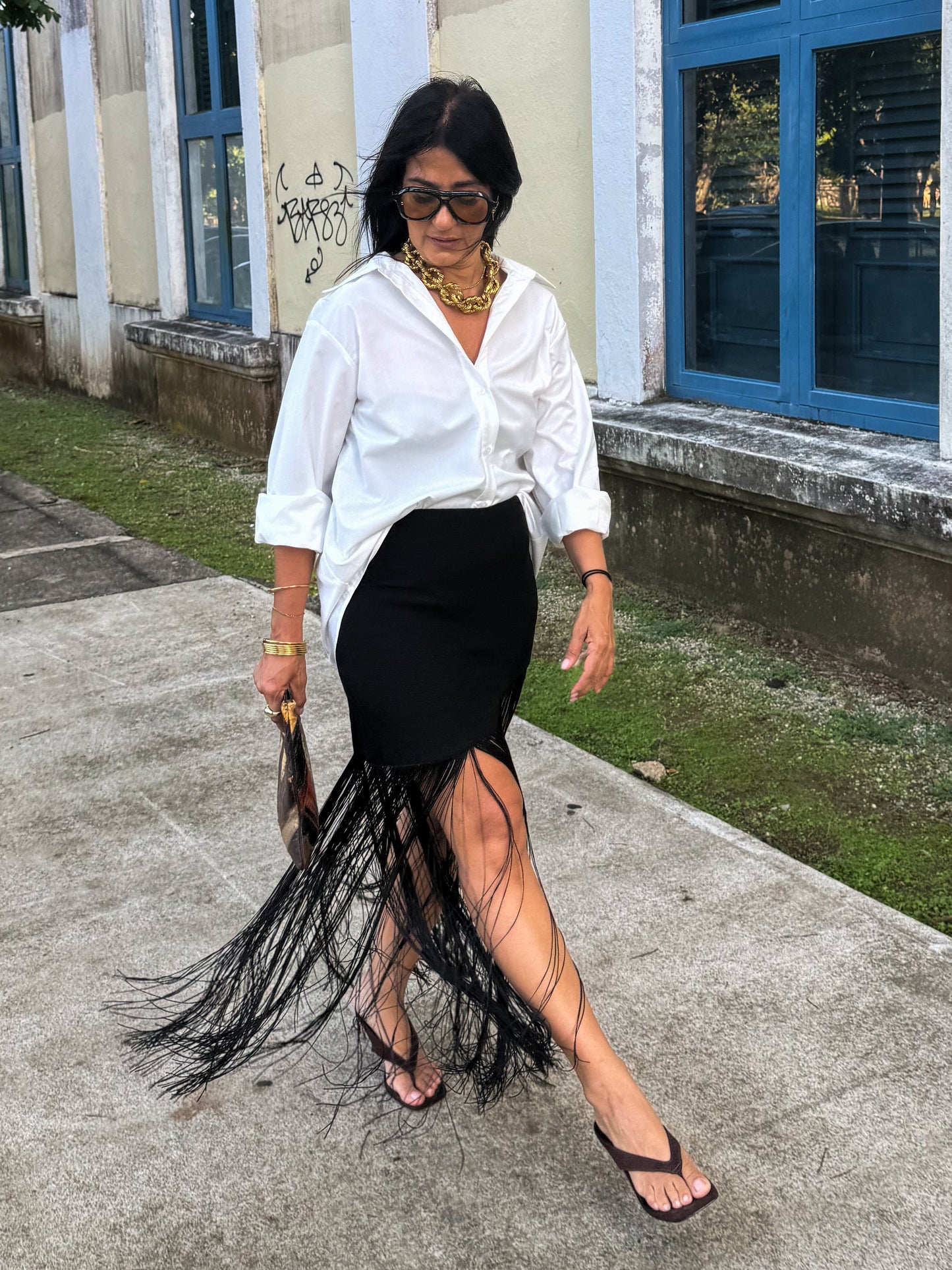 Black Asymmetric Fringe Skirt