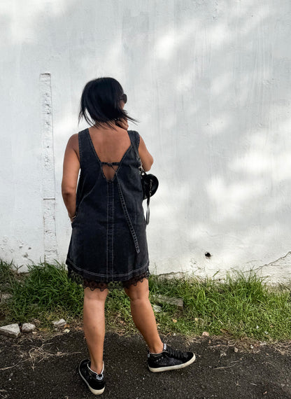 Denim Washed Contrast Lace Dress