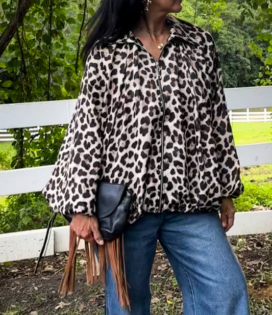 Animal Print Collared Bomber Jacket