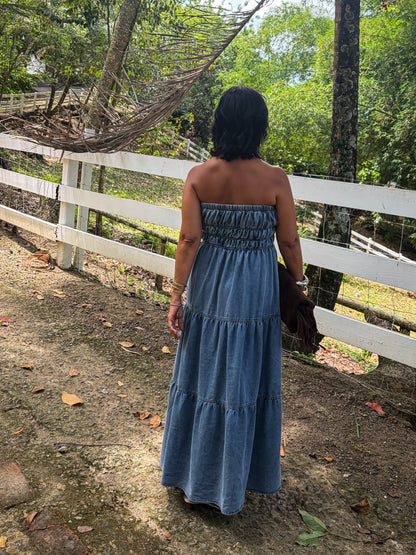 Strapless Tiered Denim Midi Dresd