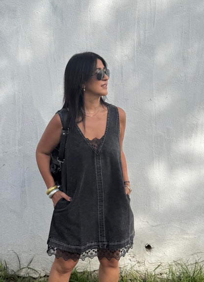 Denim Washed Contrast Lace Dress
