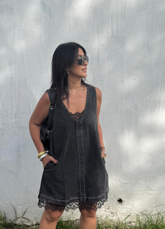 Denim Washed Contrast Lace Dress