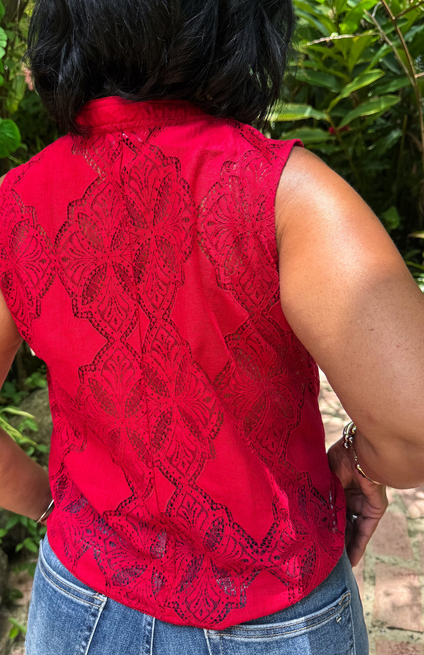 Red Lace Button Down Top