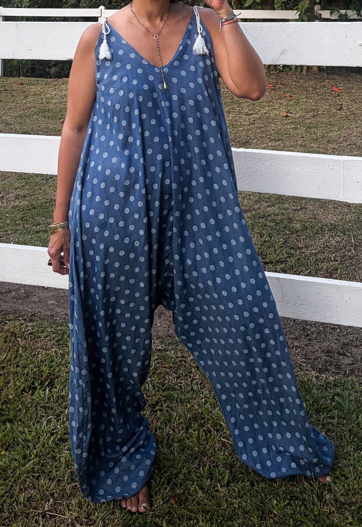 Polka Dot Print Denim Harem Jumpsuit 🇮🇹