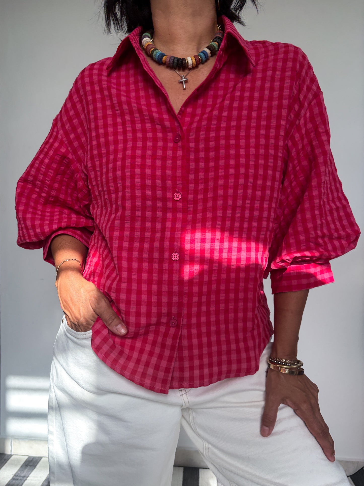 Gingham Bubble Sleeve Shirt Top