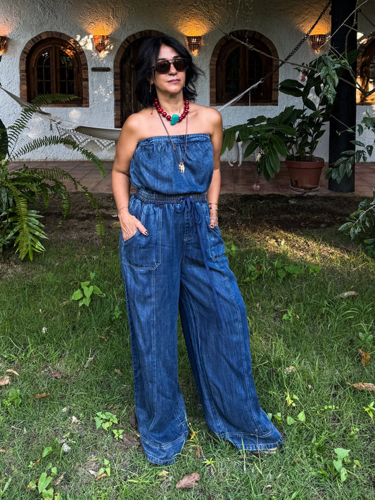 Strapless Woven Denim Jumpusit