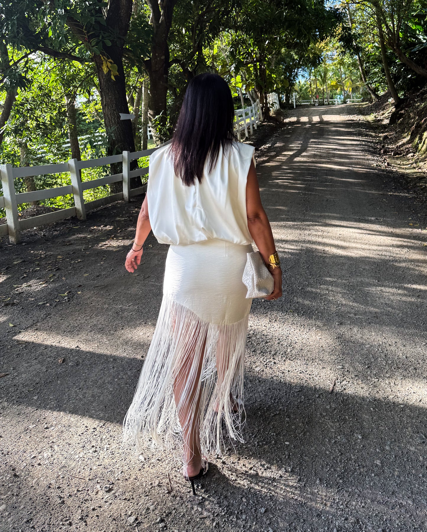 Cream Asymmetric Fringes Skirt