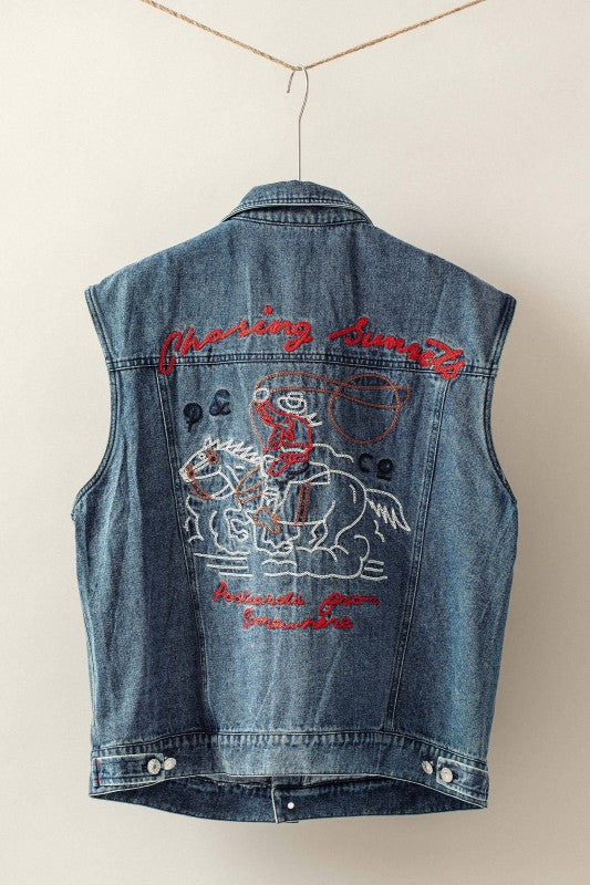 Embroidered Denim Vest