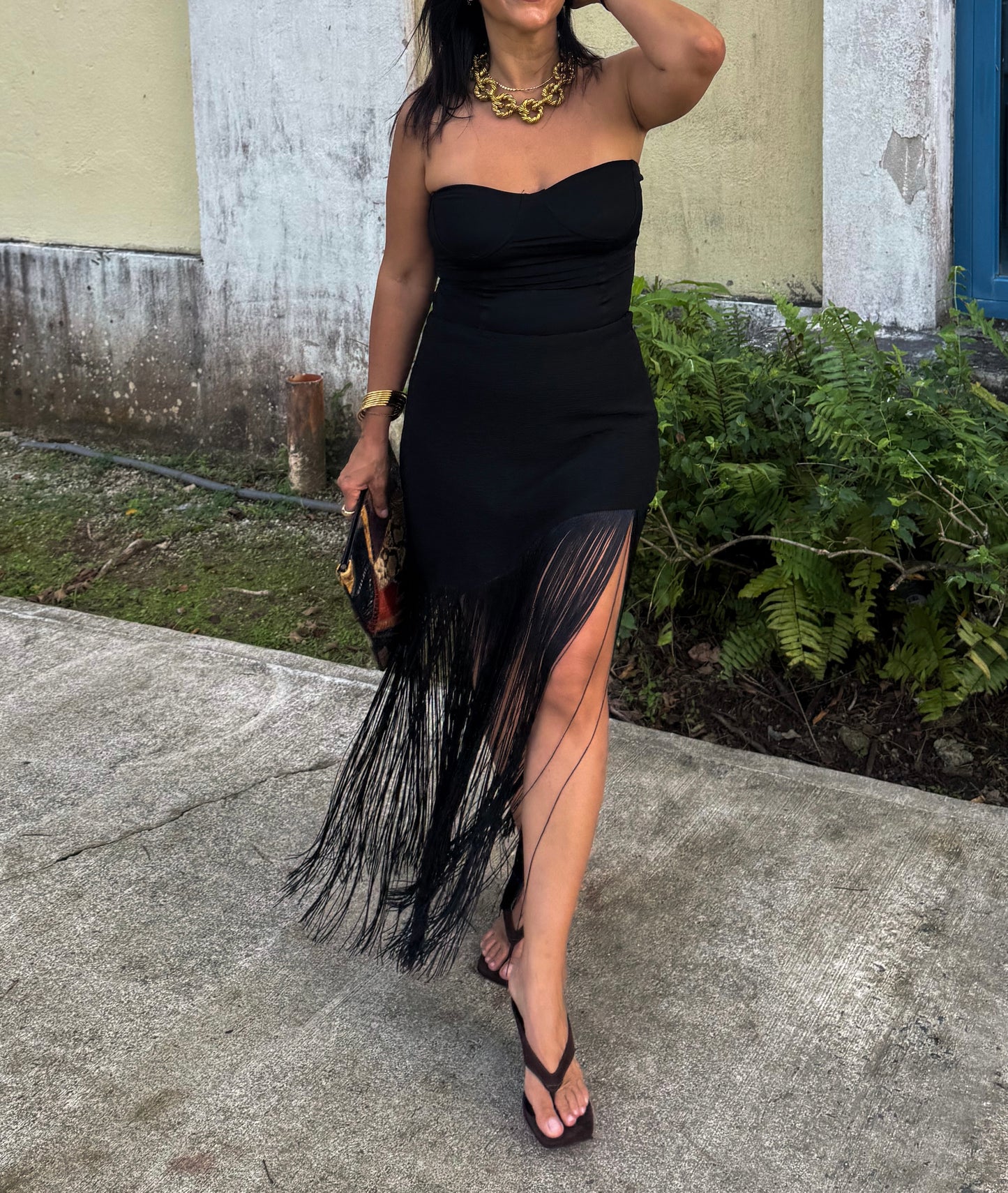 Asymmetric Fringe Maxi Skirt