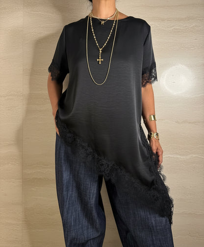 Lace Detail Asymmetrical Silky Boxy Top
