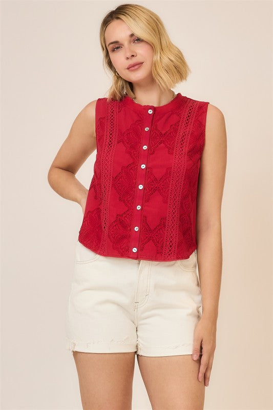 Red Lace Button Down Top