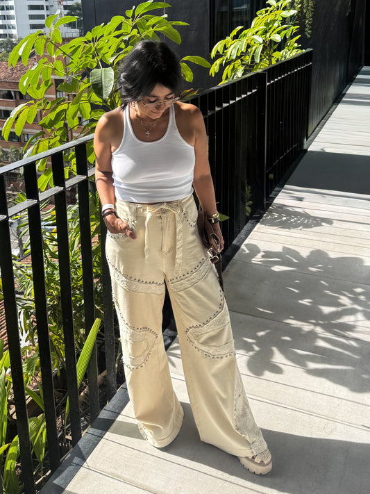 Metal Studs and Patchwork Details Pants
