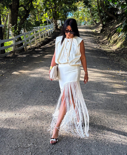 Cream Asymmetric Fringes Skirt