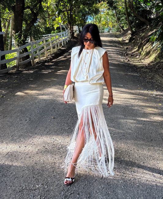 Cream Asymmetric Fringes Skirt