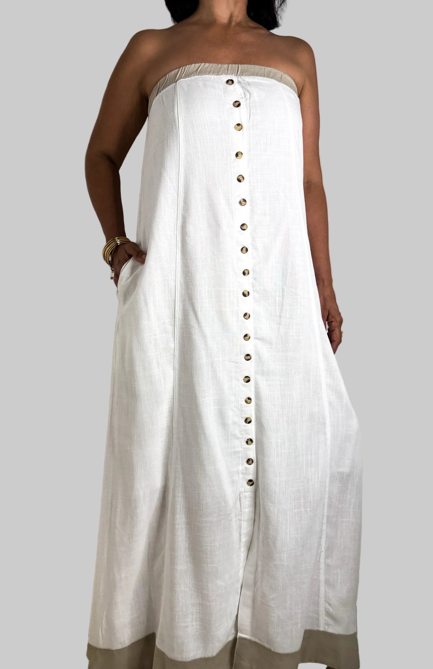 Off White Button Front Maxi Dress