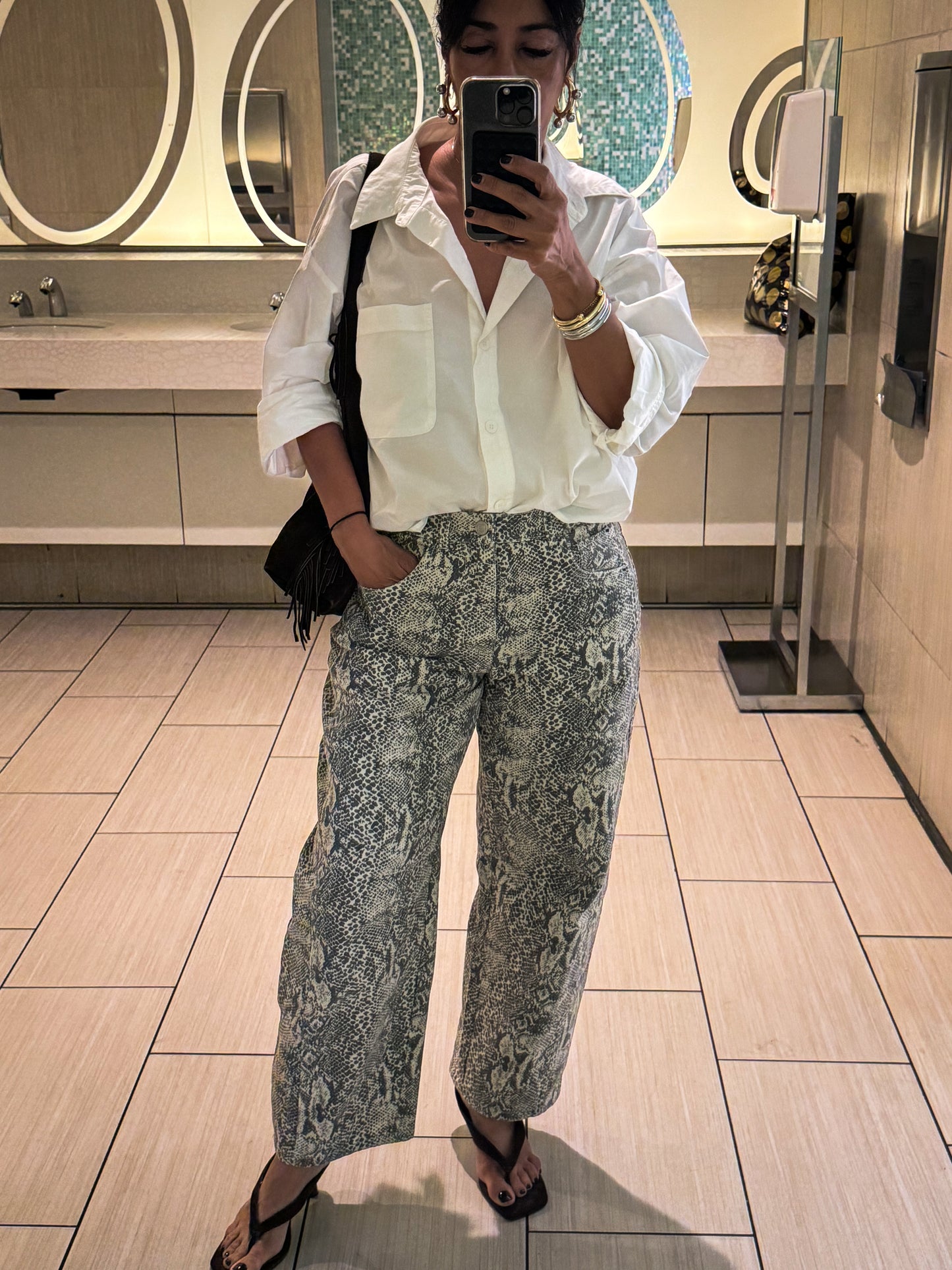 Snake Print Denim Barrel Pants