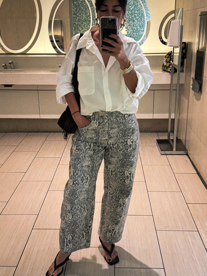 Snake Print Denim Barrel Pants