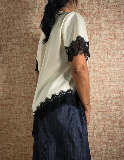 Lace Detail Asymmetrical Silky Boxy Top