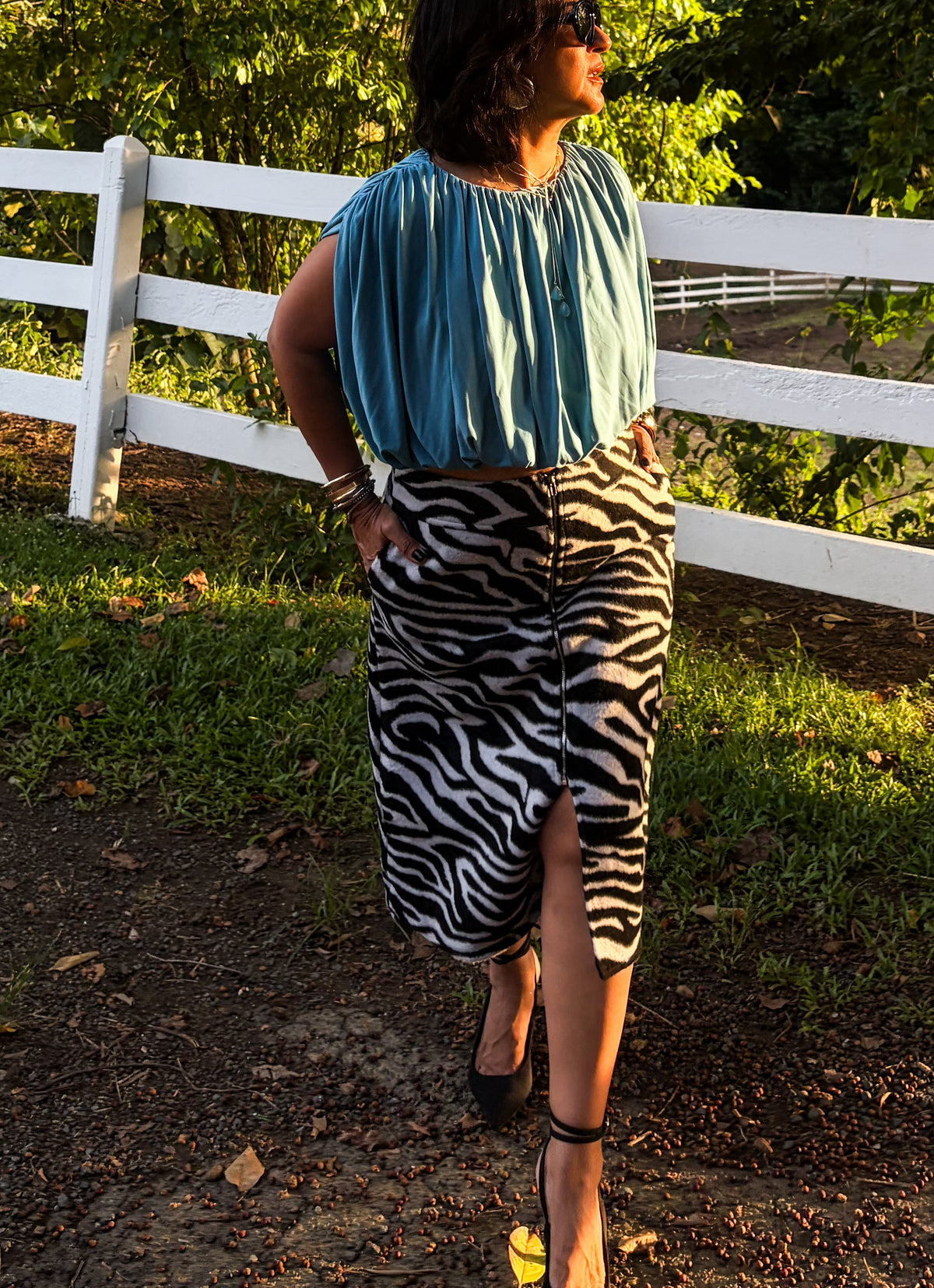 Zebra Print Faux Fur Midi Skirt