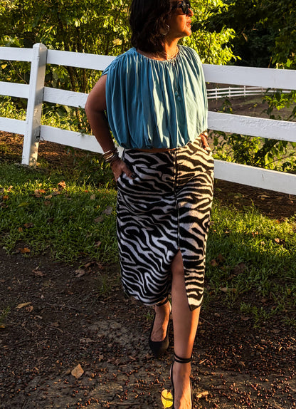 Zebra Print Faux Fur Midi Skirt