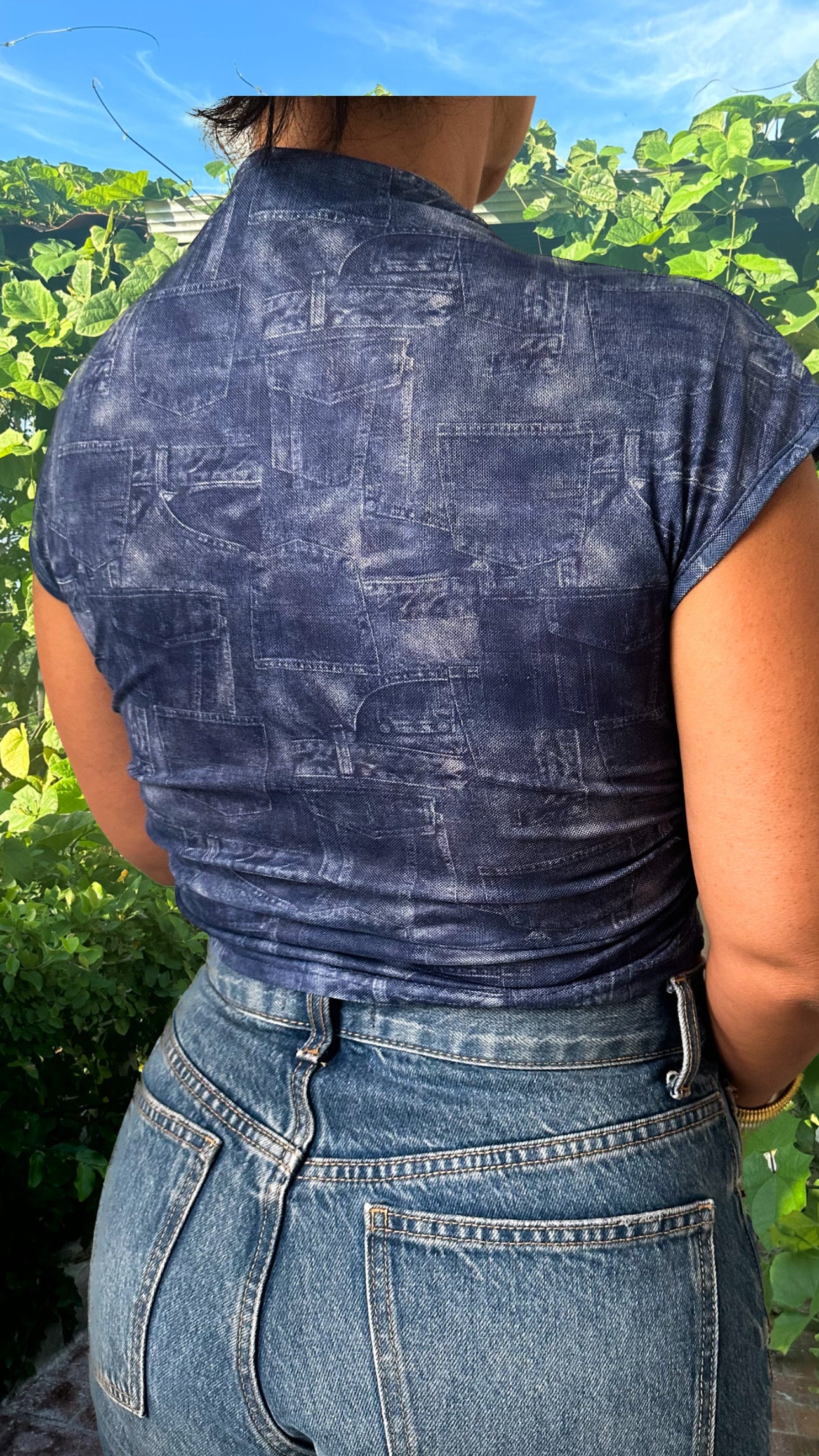 Denim Pattern Mesh Top