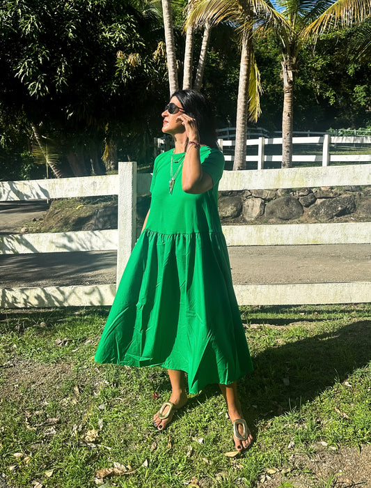 Green Knit Poplin Trapeze Midi Dress